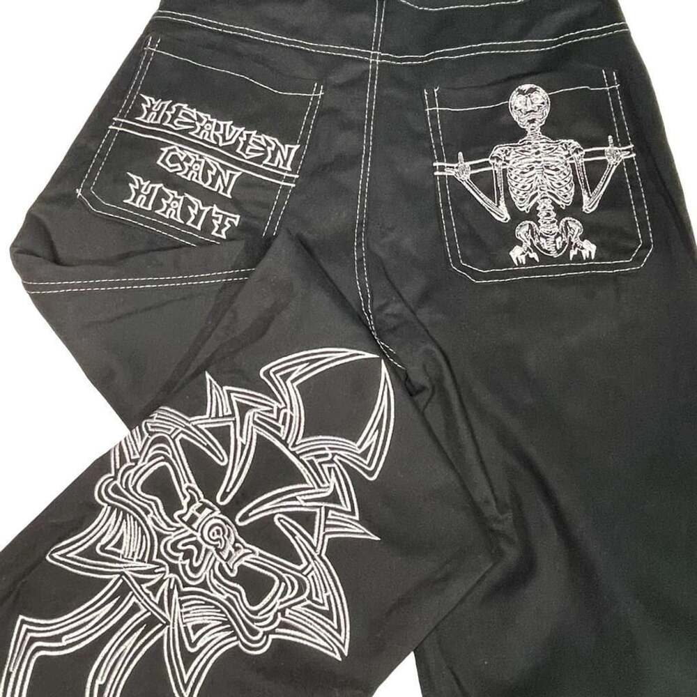 Heaven Can Wait Skeleton Relaxed Wide leg Embroidered Pants Black Med 27” inseam